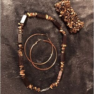 Wood and Tigers eye Stone necklace/ brown-gold earrings and and a stone bracelet